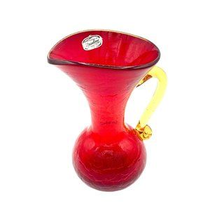 Vtg Hand Blown Rainbow Glass Amberina Crackled Pitcher Yellow Handled Ruby Red